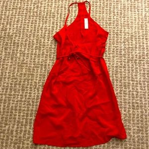 Amanda Uprichard red v-neck racerback dress with gold buttons and adorned belt